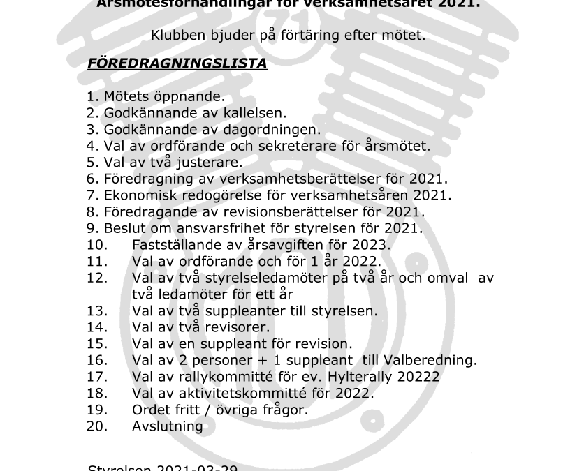 Kallelse till årsmöte 2022